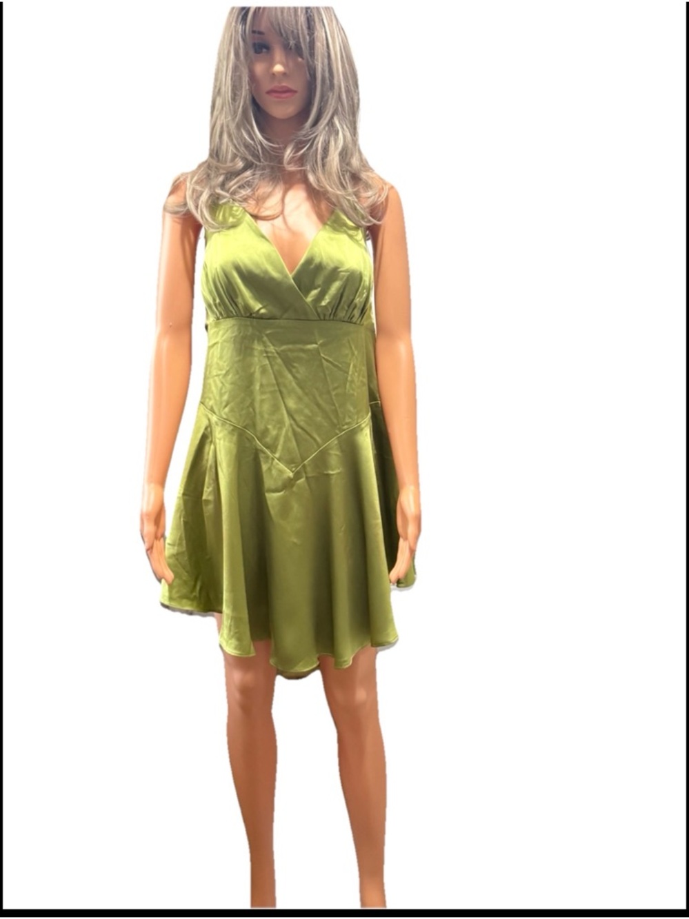 SHEIN Olive Green V-Neck Satin Mini Dress